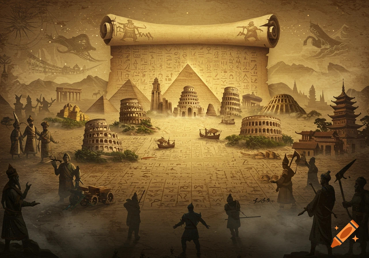 A sepia-toned illustration blending ancient historical landmarks like pyramids, the Colosseum, and a pagoda, with ancient figures and hieroglyphs.