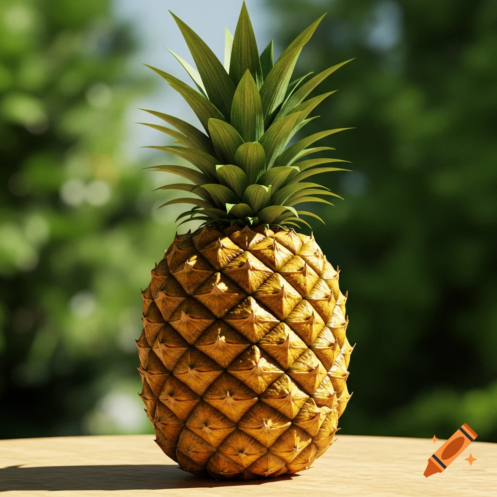 A vibrant, photorealistic pineapple stands upright on a wooden surface with a soft, green bokeh background.