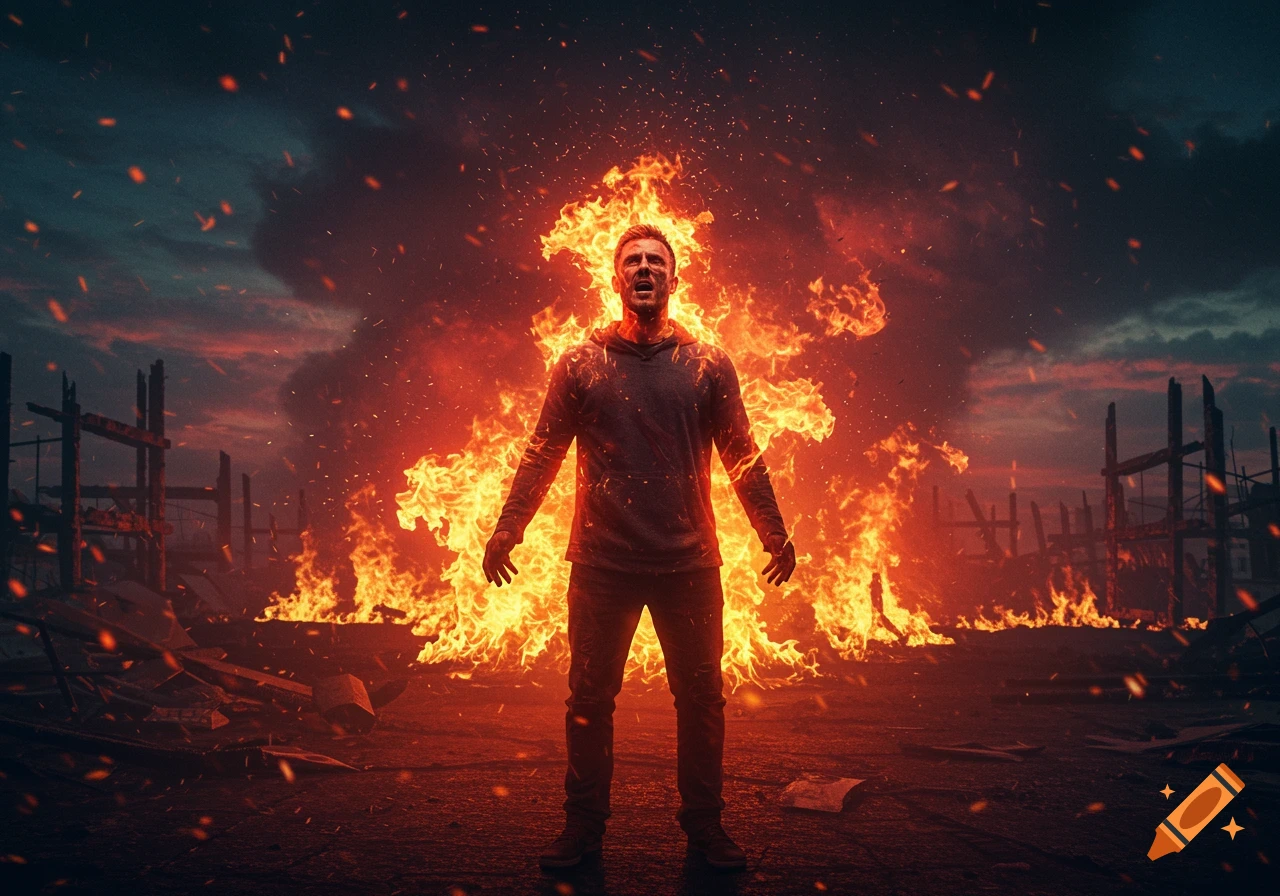 Photorealistic image of a man engulfed in intense flames in a ruined, fiery landscape at dusk.