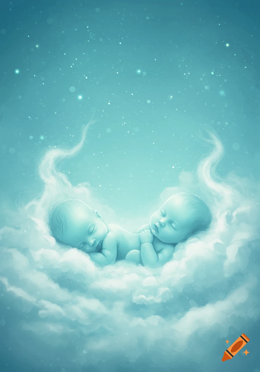Two serene babies sleep peacefully on soft clouds under a starry, cyan sky in a dreamlike illustration.
