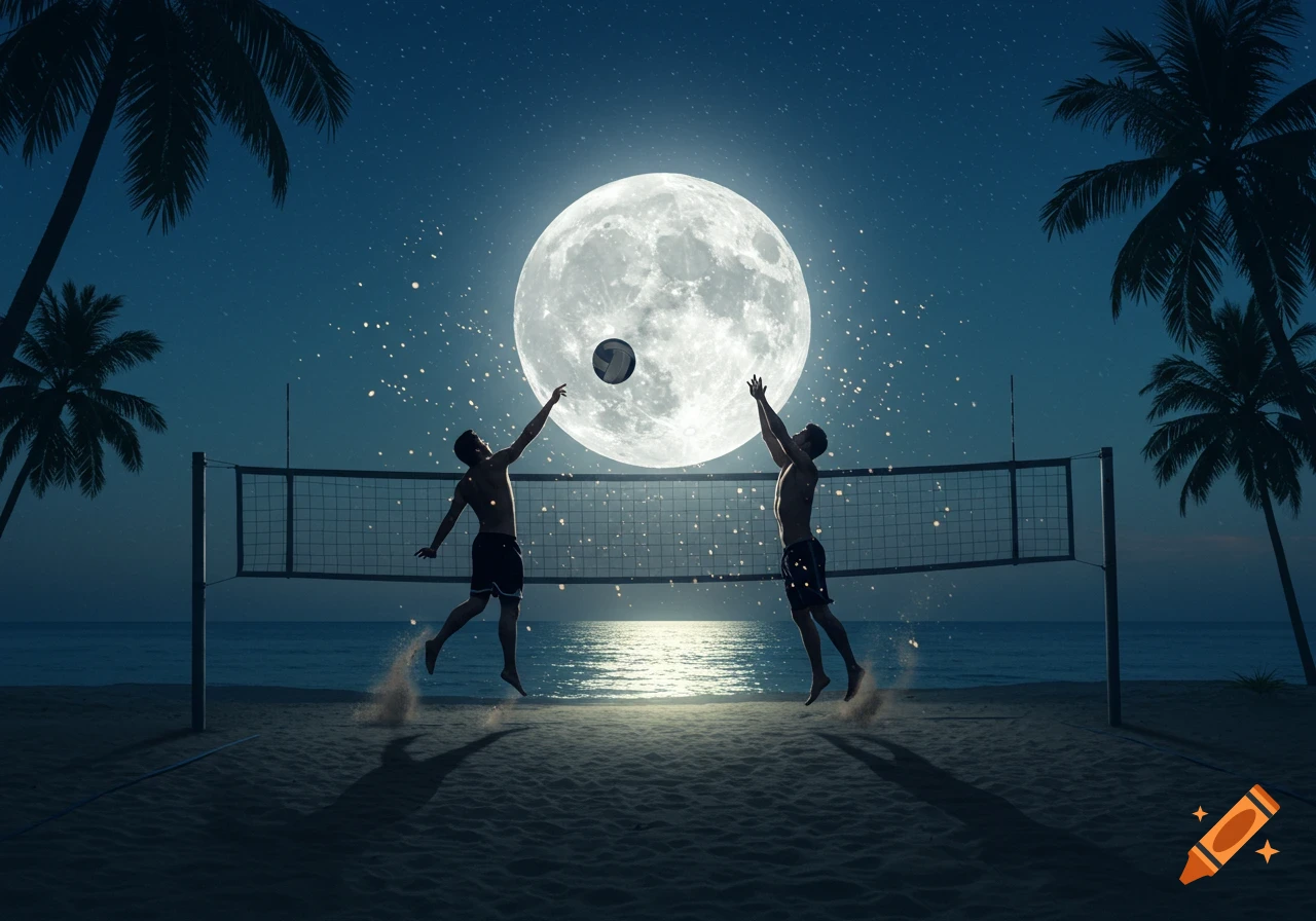 Two male silhouettes playing beach volleyball at night with the full moon as the ball.