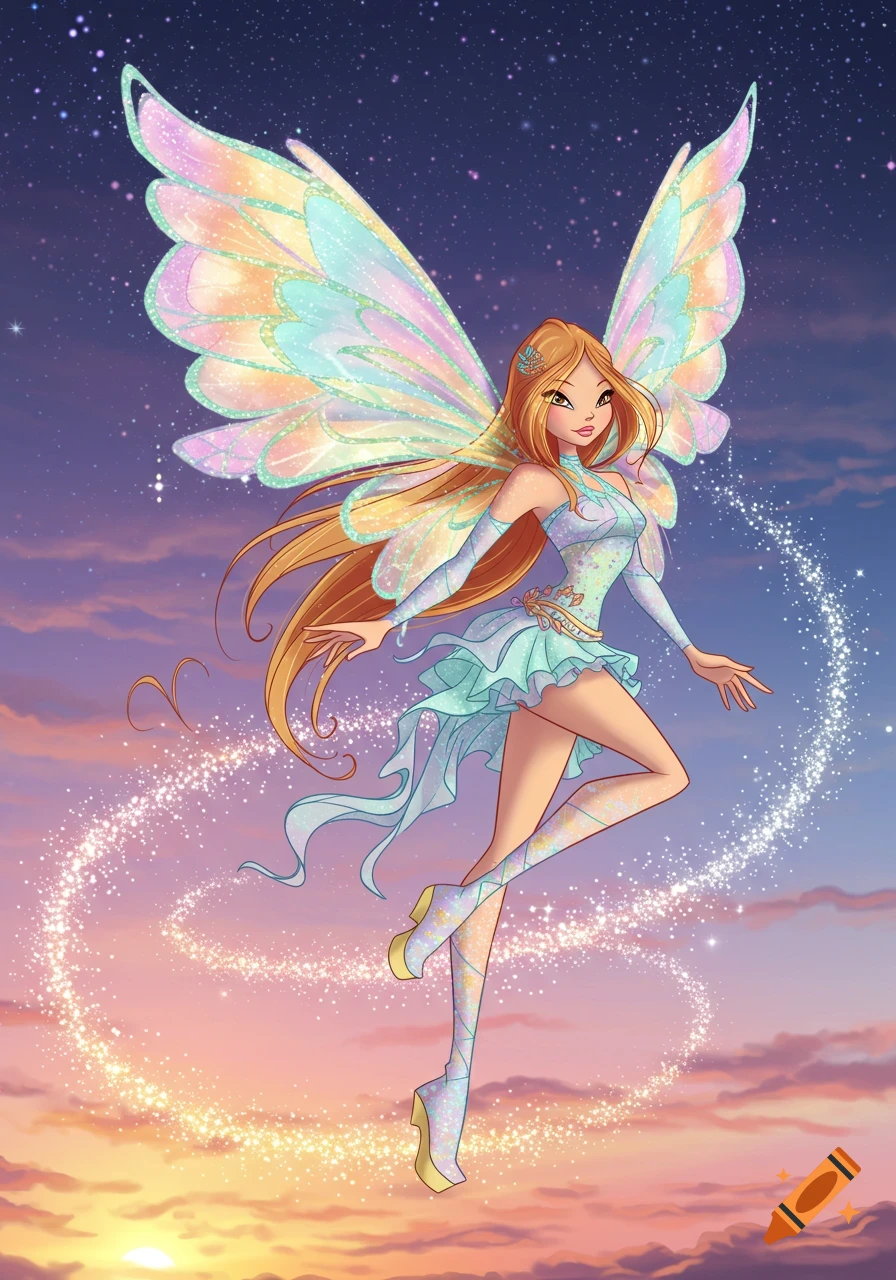 An anime-style fairy girl with long orange hair and iridescent pastel wings floats in a starry sunset sky, leaving a glitter trail.