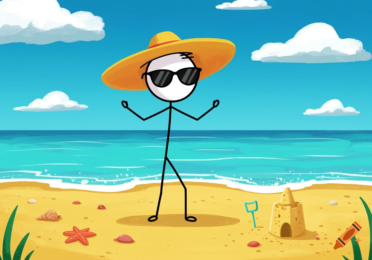 A cartoon stick figure in a large yellow hat and sunglasses stands on a sunny beach with the ocean and a sandcastle.