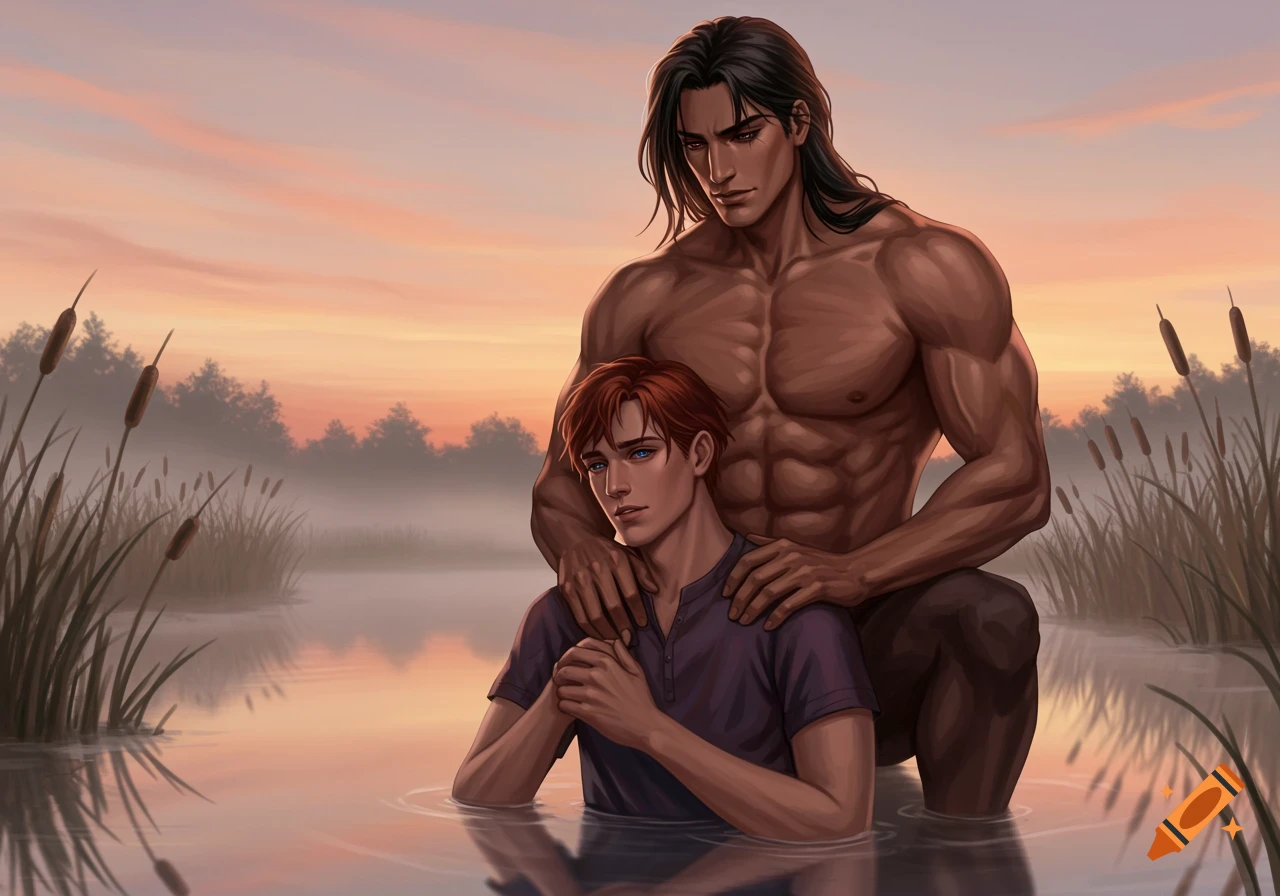 Digital painting of two men, one muscular with dark hair, the other with red hair, standing in a misty lake at sunset.