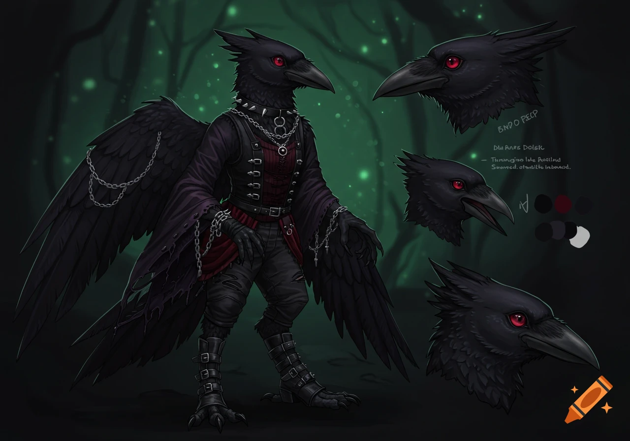 Full-body reference sheet of a black crow fursona with red eyes, dressed in gothic and emo clothing, in a dark forest. Features close-ups of the head.