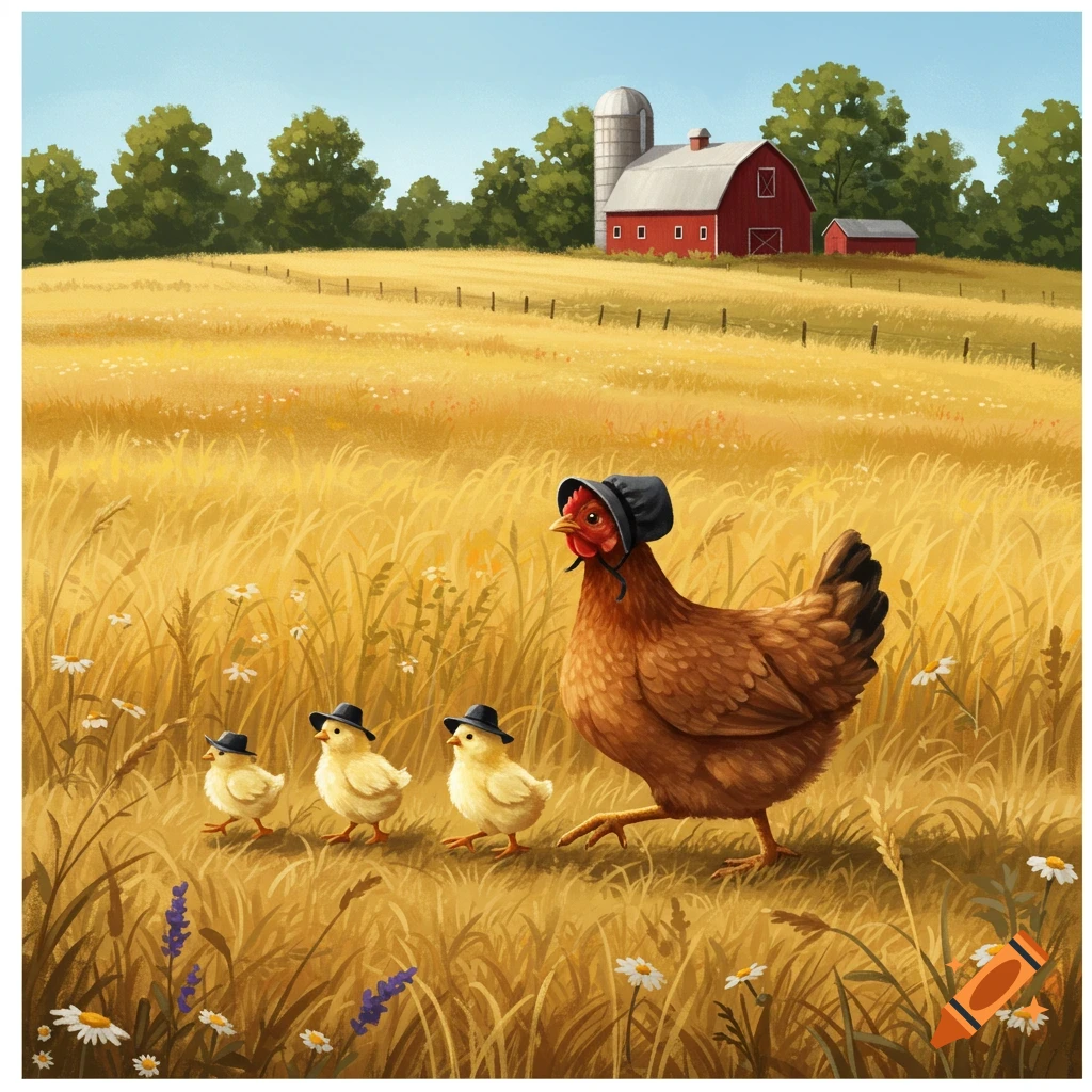 An illustrative image of a brown mother hen and three yellow chicks, all wearing black hats, walking through a golden wheat field towards a red barn and silo in the distance.