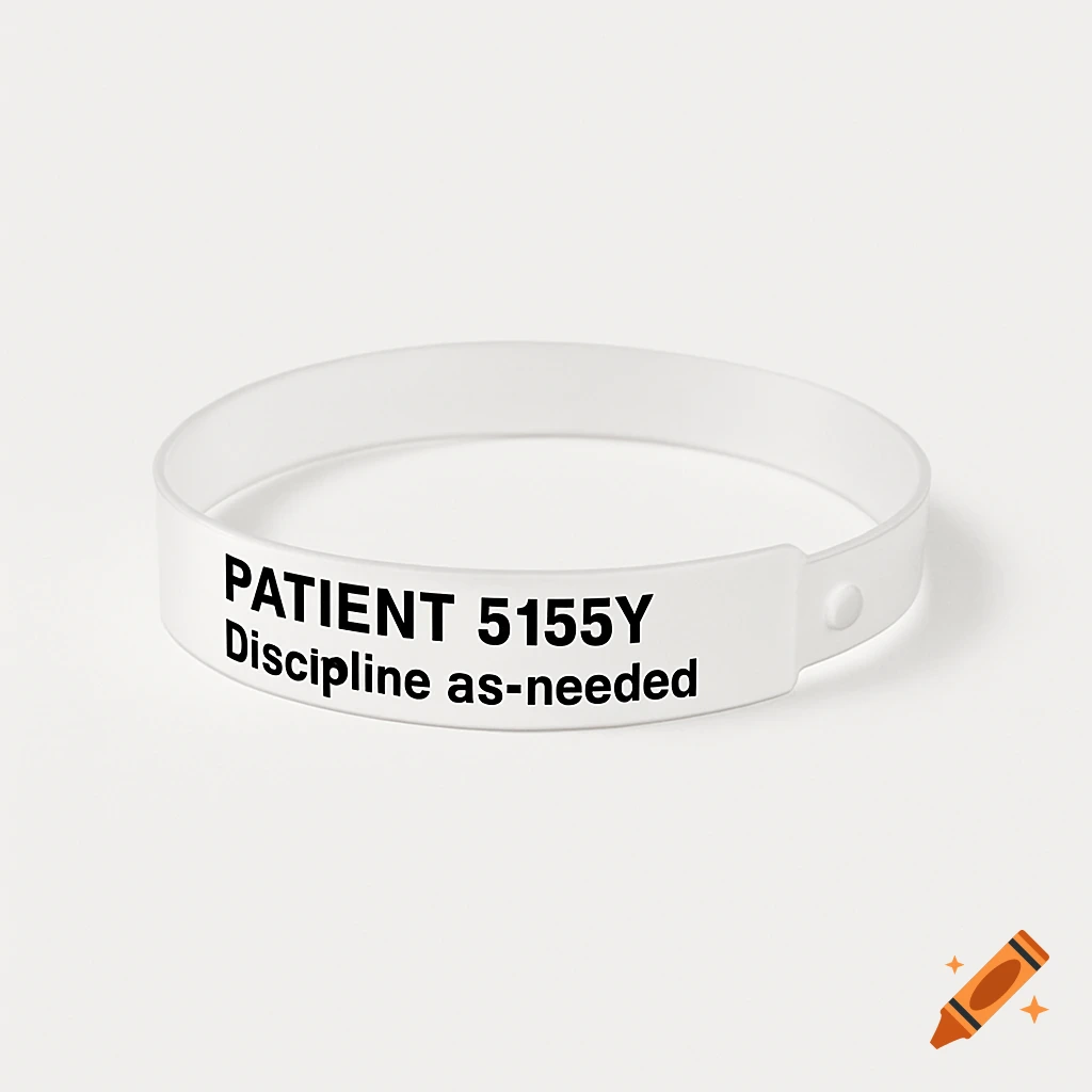A white plastic hospital bracelet with black text "PATIENT 5155Y" and "Discipline as-needed" on a white background, captured in a photorealistic style.