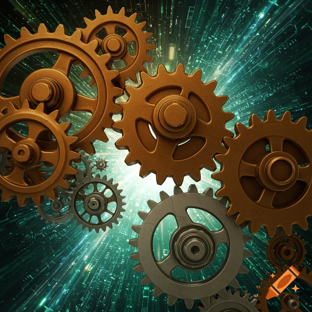 Different sized golden and silver cogs interlocked against a bright, glowing, futuristic green and black background.