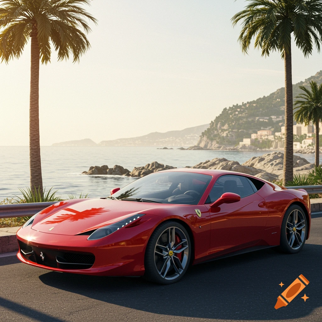 A photorealistic image of a red Ferrari sports car parked on a coastal road with palm trees and a sea view at sunset.