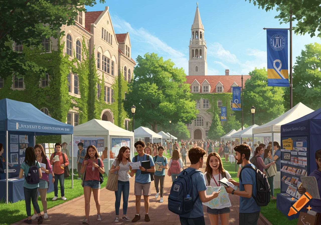 Digital painting of a sunny university campus with students walking among white tents during an orientation day.