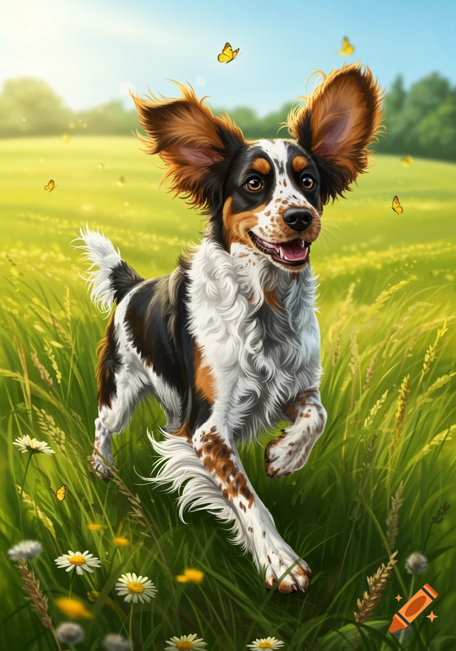 A happy brown, black, and white dog with big ears runs through a green field with yellow butterflies and white flowers.