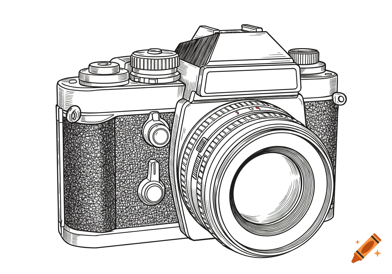 A black and white line drawing of a vintage SLR camera, viewed from the front against a white background.