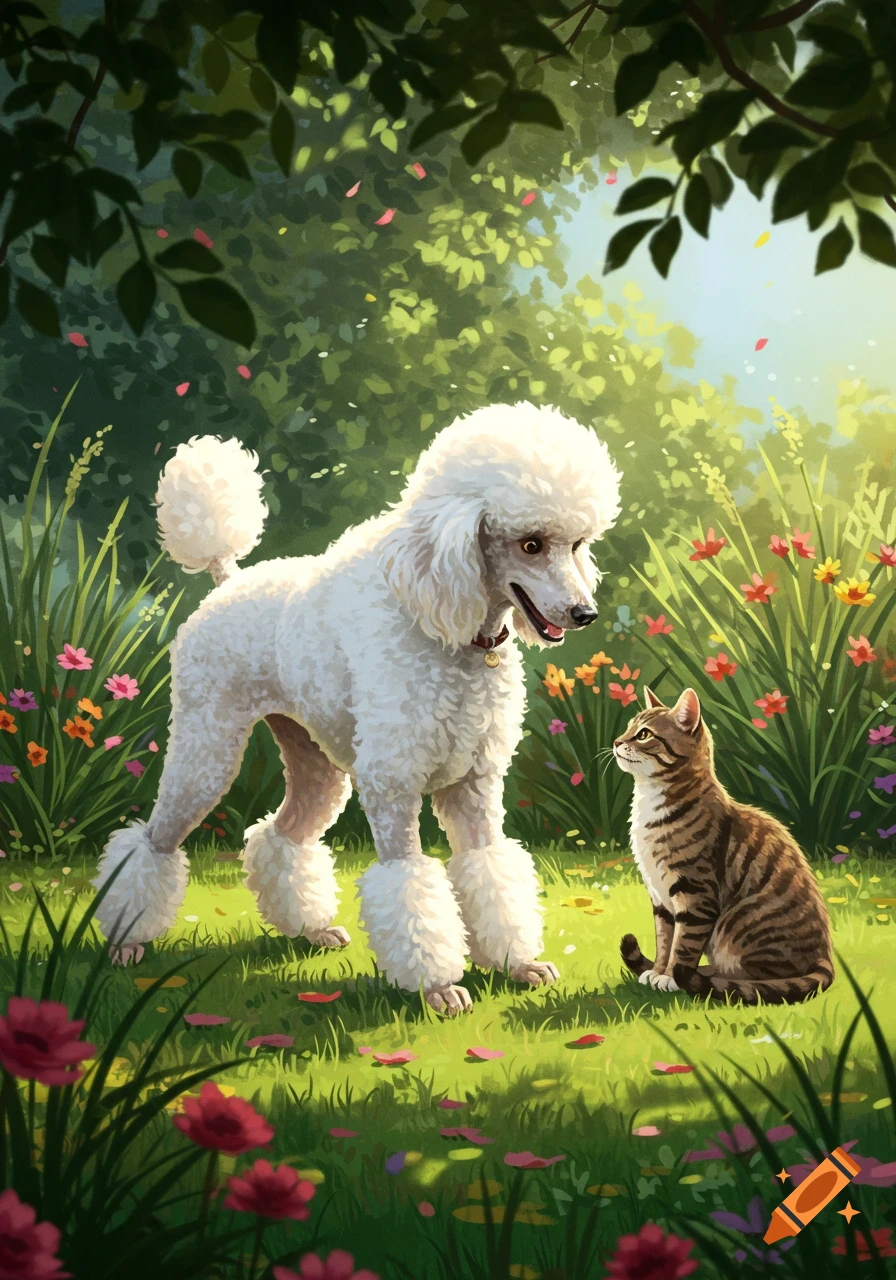 A white standard poodle stands opposite a tabby cat in a lush green garden filled with colorful flowers under a bright sky, in a painterly style.