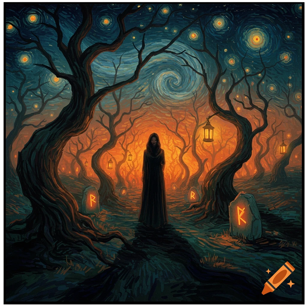 A dark, stylized forest scene in the style of Van Gogh, featuring a robed figure standing amidst gnarled trees, glowing lanterns, and stone markers with runes under a starry, swirling night sky.