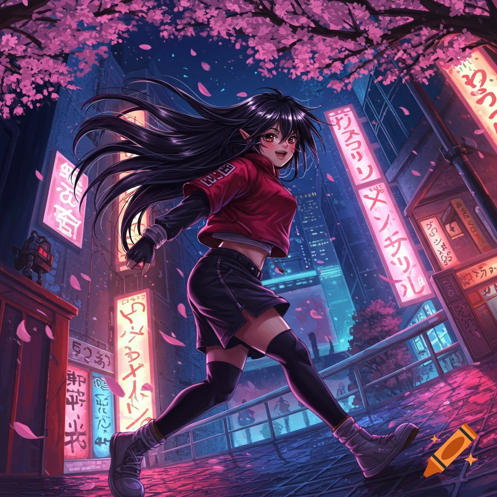 An anime character with black hair and elf ears runs through a vibrant neon city street at night with pink cherry blossoms overhead.