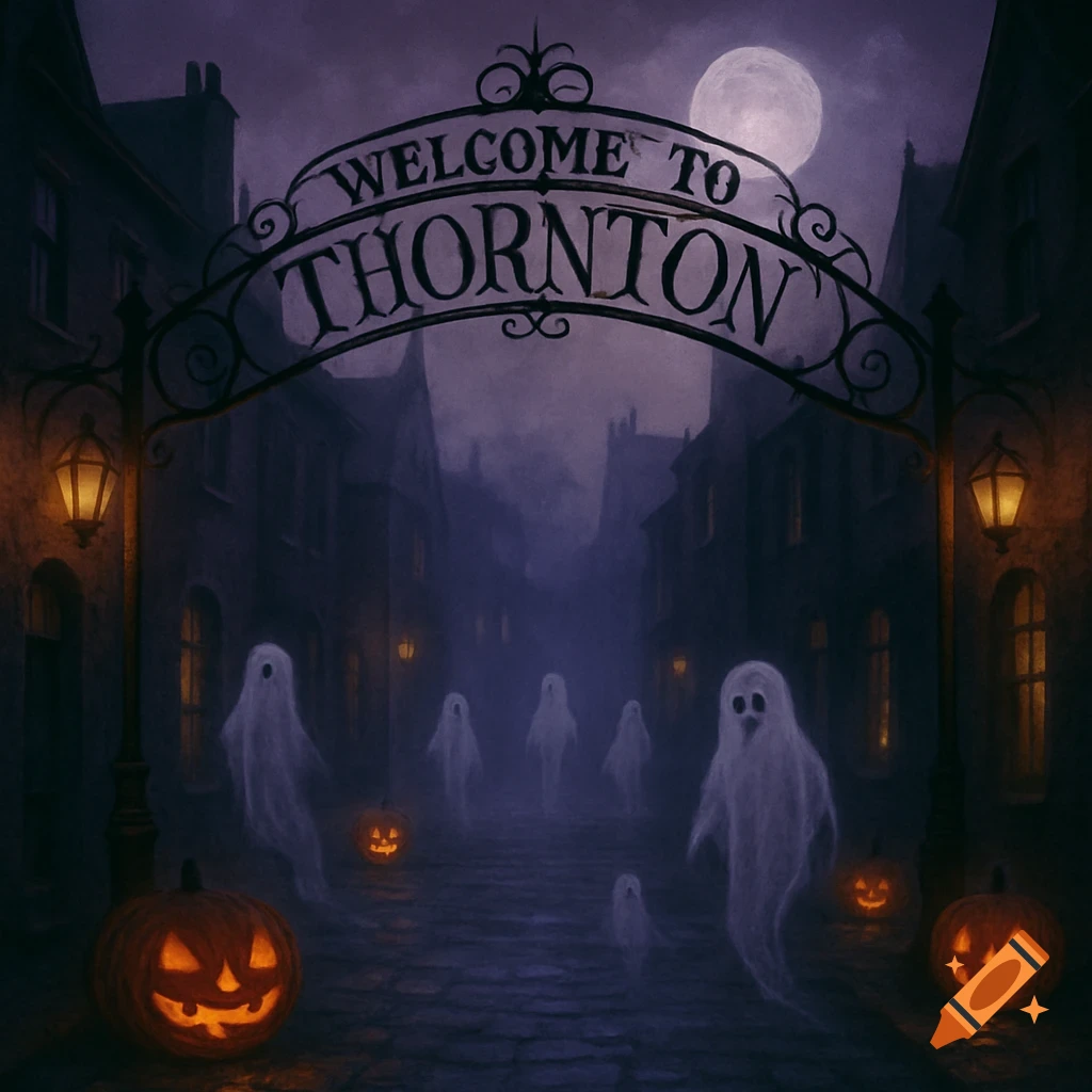 A spooky, dark street at night with an ornate archway reading "WELCOME TO THORNTON," ghostly figures, glowing jack-o'-lanterns, and a bright full moon.