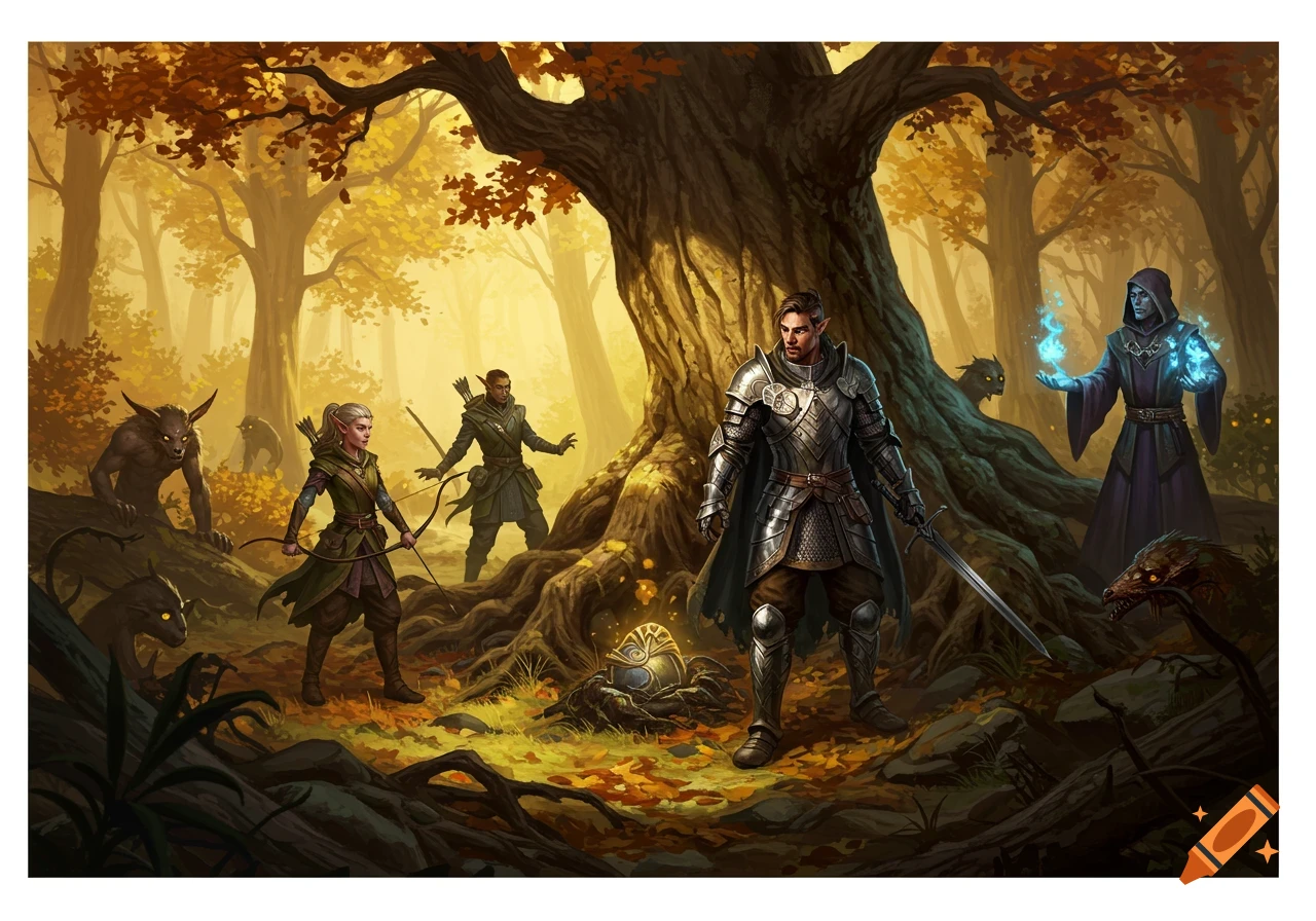 A group of diverse fantasy adventurers including a knight, archers, a wizard, and creatures in an autumn forest.