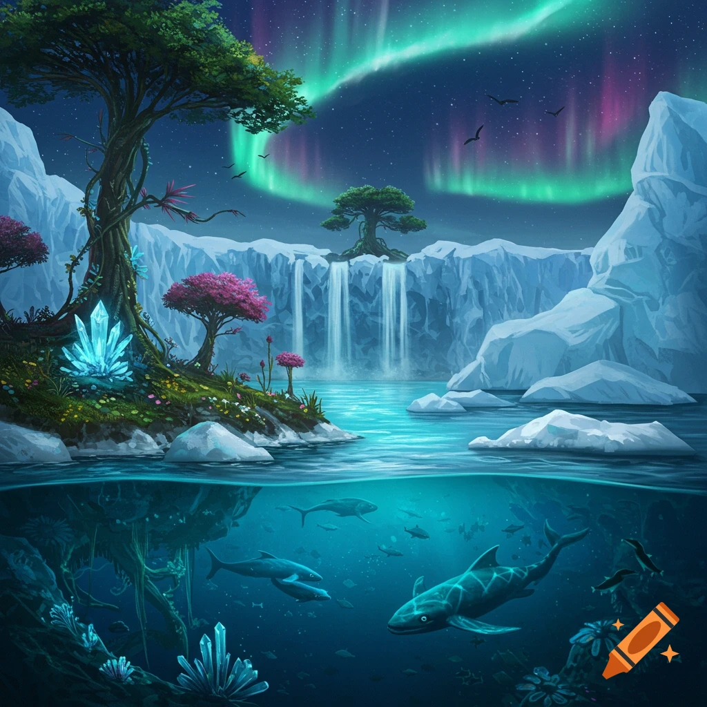 A vibrant fantasy landscape with an aurora borealis over ice mountains, a waterfall, lush trees, and a clear lake showing glowing crystals and fish underwater.