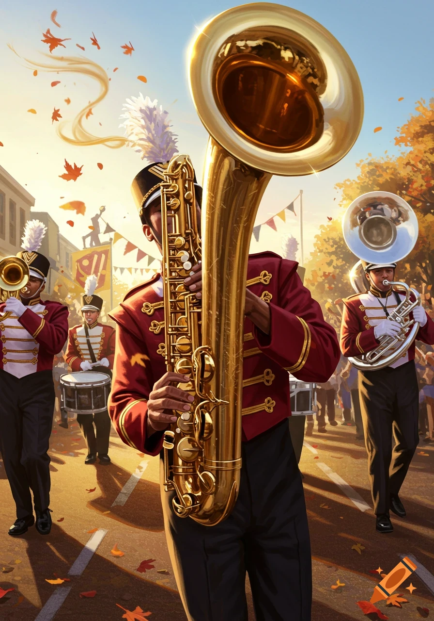 A vibrant illustration of a marching band parading on an autumn street, with a prominent bari saxophonist in the foreground.