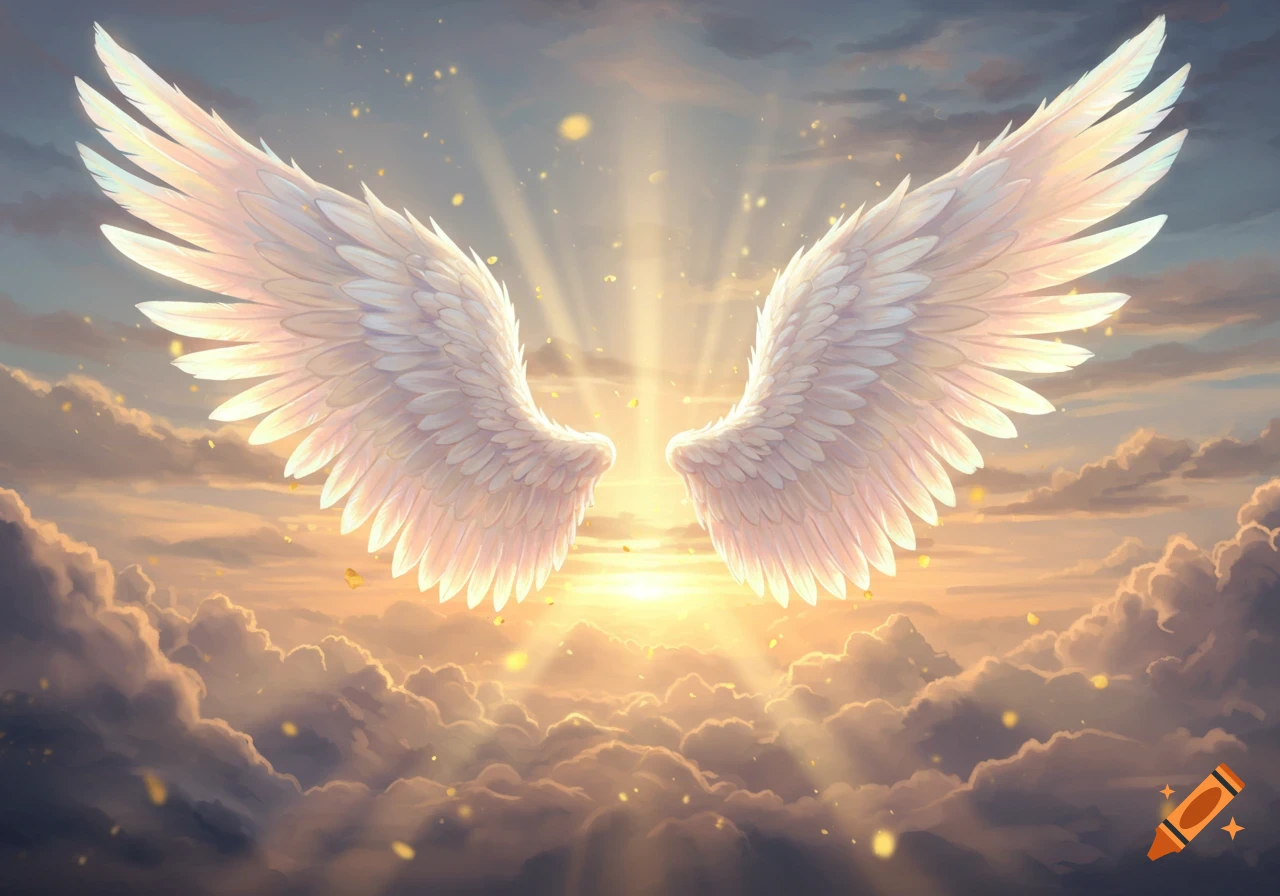 A digital painting of large, glowing white wings spread against a radiant golden sky with clouds and shimmering particles.