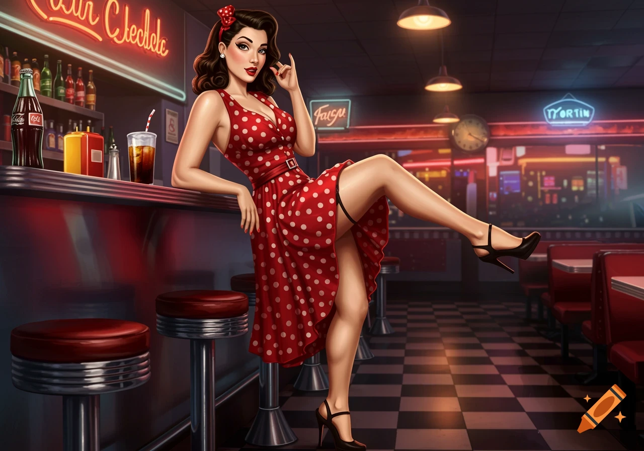 Illustrative image of a pin-up woman in a red polka-dot dress posing at a retro diner counter.