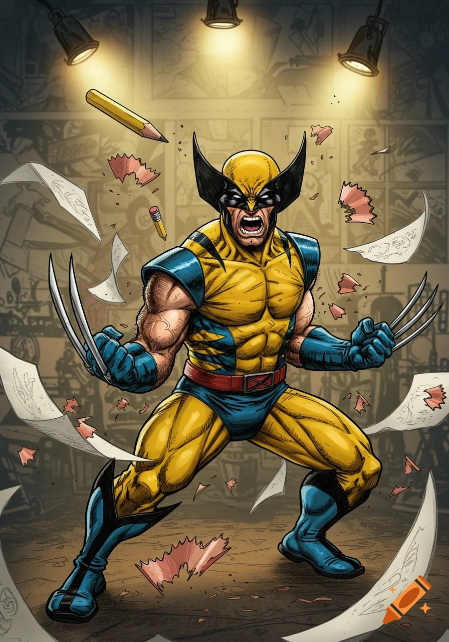 Comic book style illustration of Wolverine in yellow and blue suit, roaring with claws extended, surrounded by floating pencils and shavings.