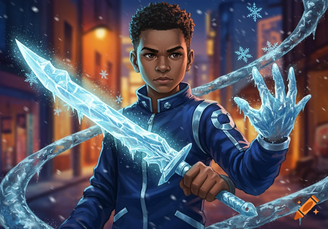 A young man with ice powers stands in a snowy street, holding a glowing ice sword with one hand and manifesting ice on the other. Digital illustration.