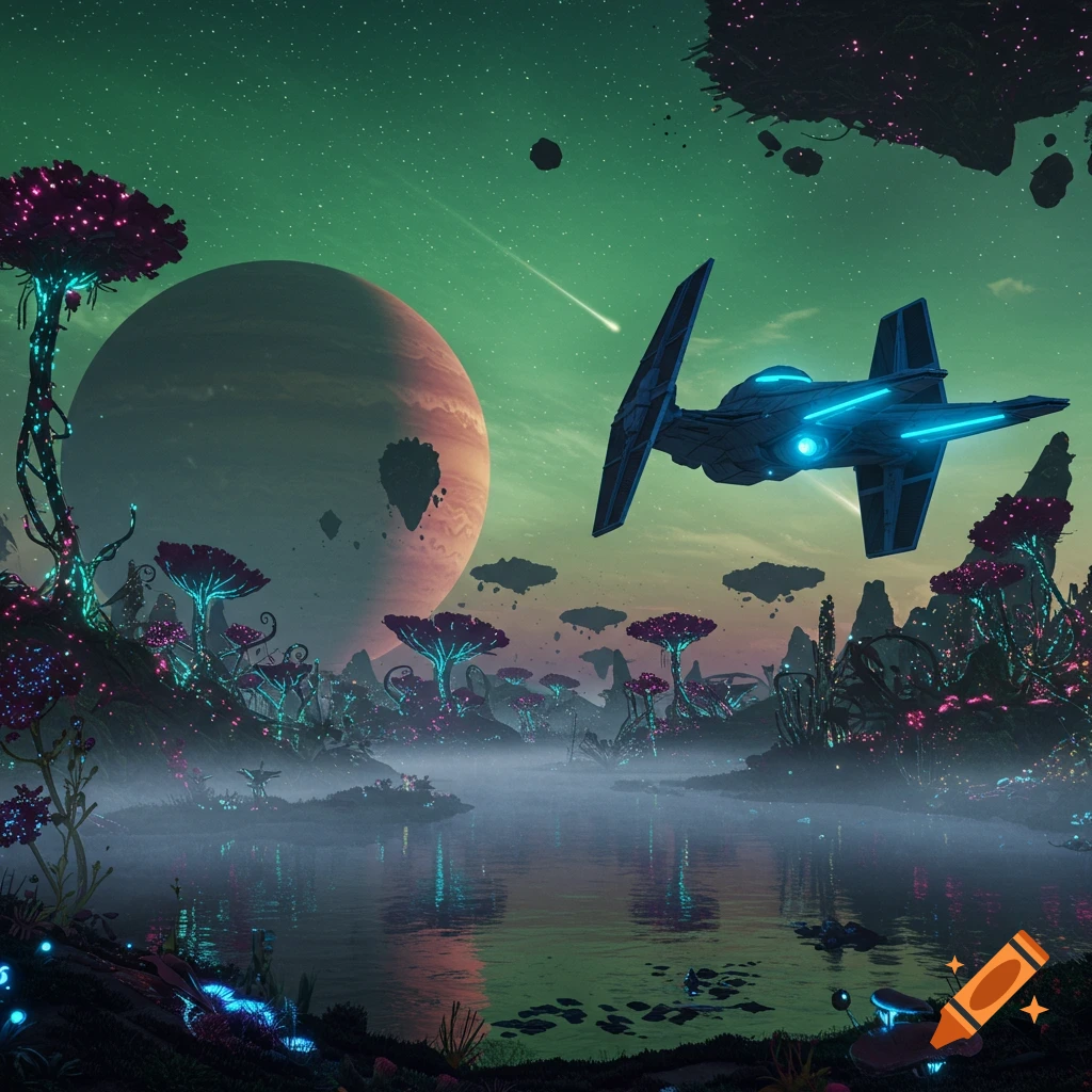 A vibrant alien planet with glowing purple and blue flora, a misty lake, a large gas giant, and a spaceship flying across a green sky.