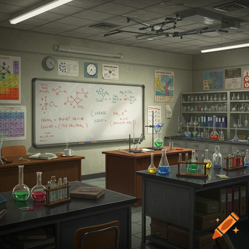 A detailed view of a chemistry classroom with beakers, flasks, and lab equipment on tables, and a whiteboard with chemical formulas.