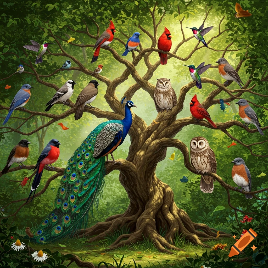 Many colorful birds, including a peacock, owls, cardinals, and hummingbirds, perch on the branches of a large, leafy tree.