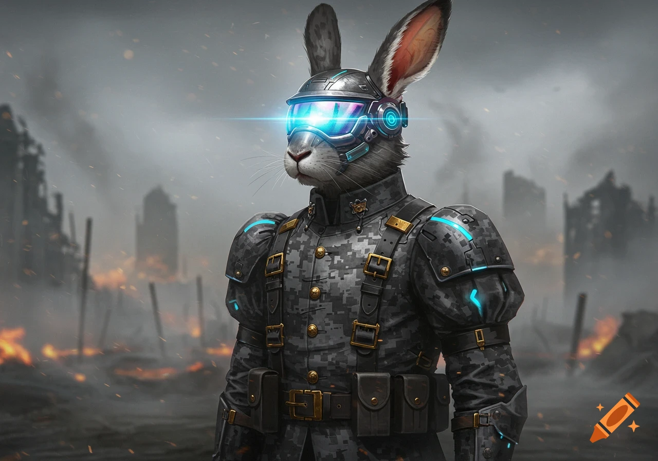 An anthropomorphic rabbit in sci-fi digital camouflage military armor and a glowing visor stands in a war-torn city.