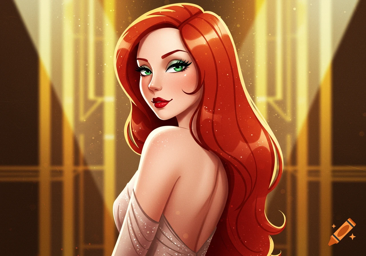 Glamorous cartoon woman with long red hair and green eyes, looking over her shoulder against a golden, glowing vintage background.