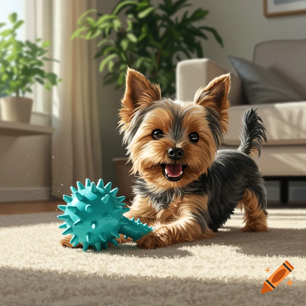 A happy Yorkie dog lies on a beige carpet, playing with a spiky blue toy in a sunlit room.