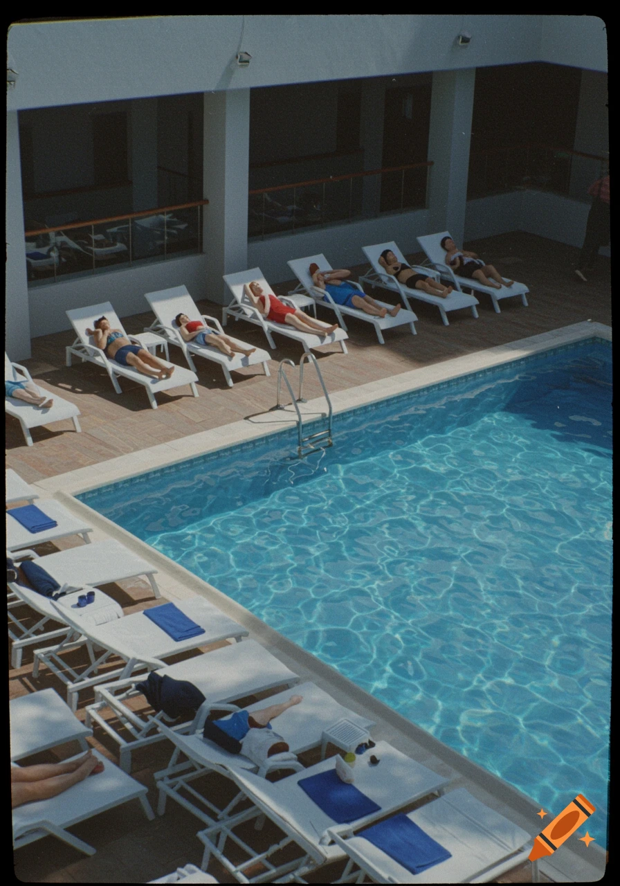 An overhead view resembling CCTV footage shows people relaxing on white sunbeds around a hotel swimming pool.