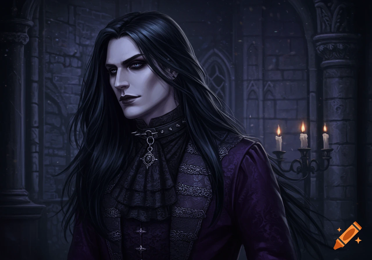 A pale, long-haired male character in ornate gothic clothing and a spiked collar stands in a dark, candlelit room.