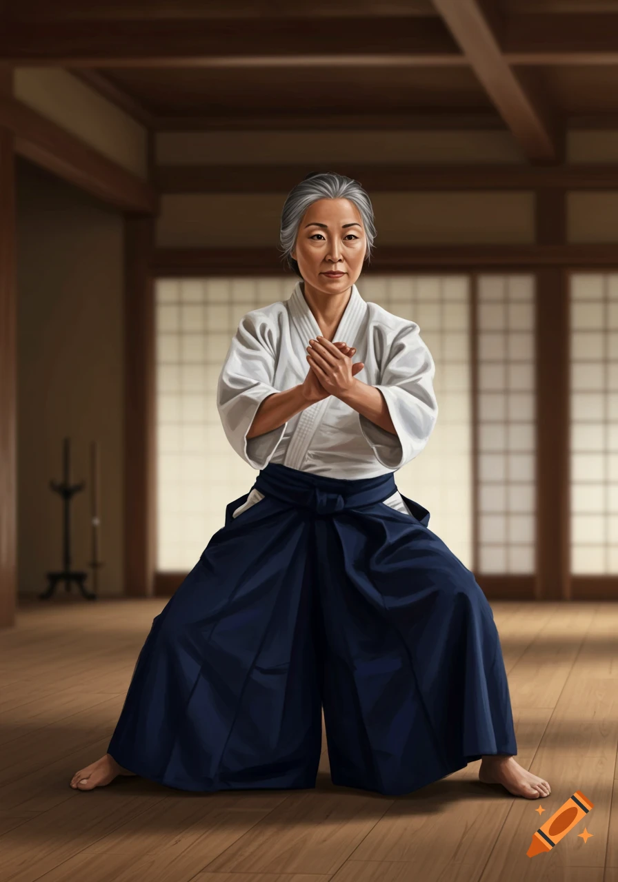 An Asian female aikido master in a white gi and blue hakama, in a low stance with hands clasped, inside a traditional dojo.