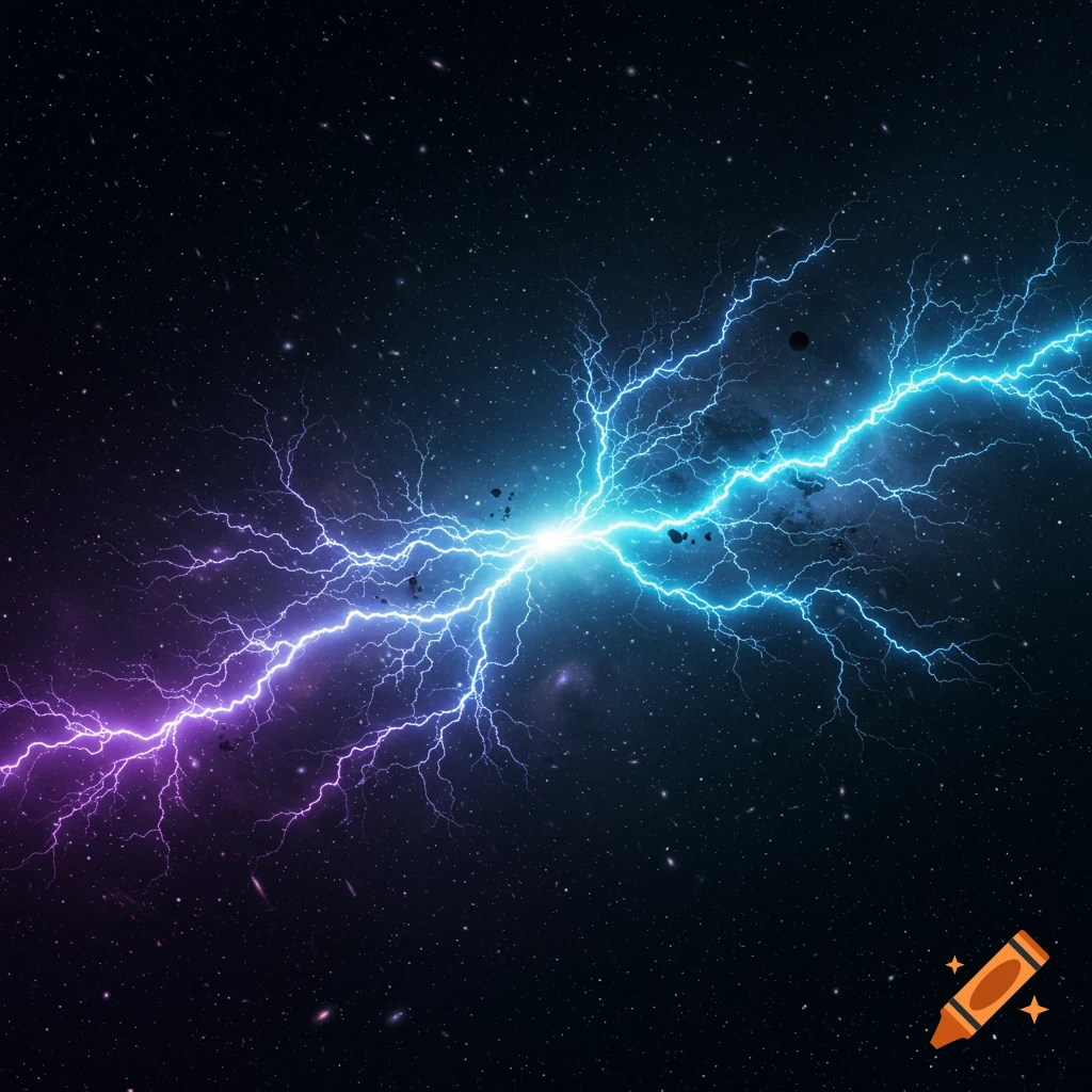 Two lightning bolts, one purple and one blue, clash in a dark, star-filled universe.