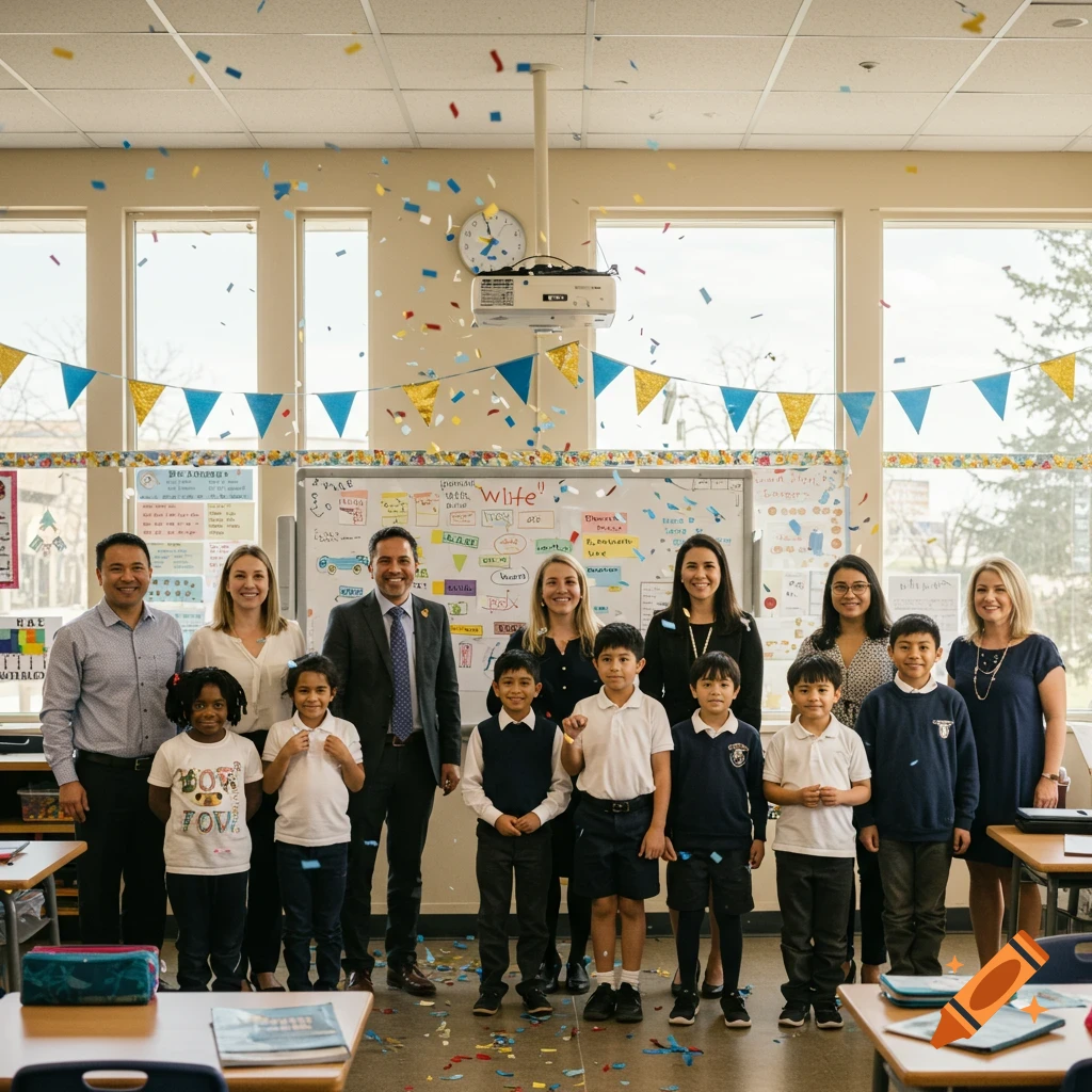 A group of adults and children, likely teachers and students, posing in a classroom with confetti falling, celebrating a special moment.