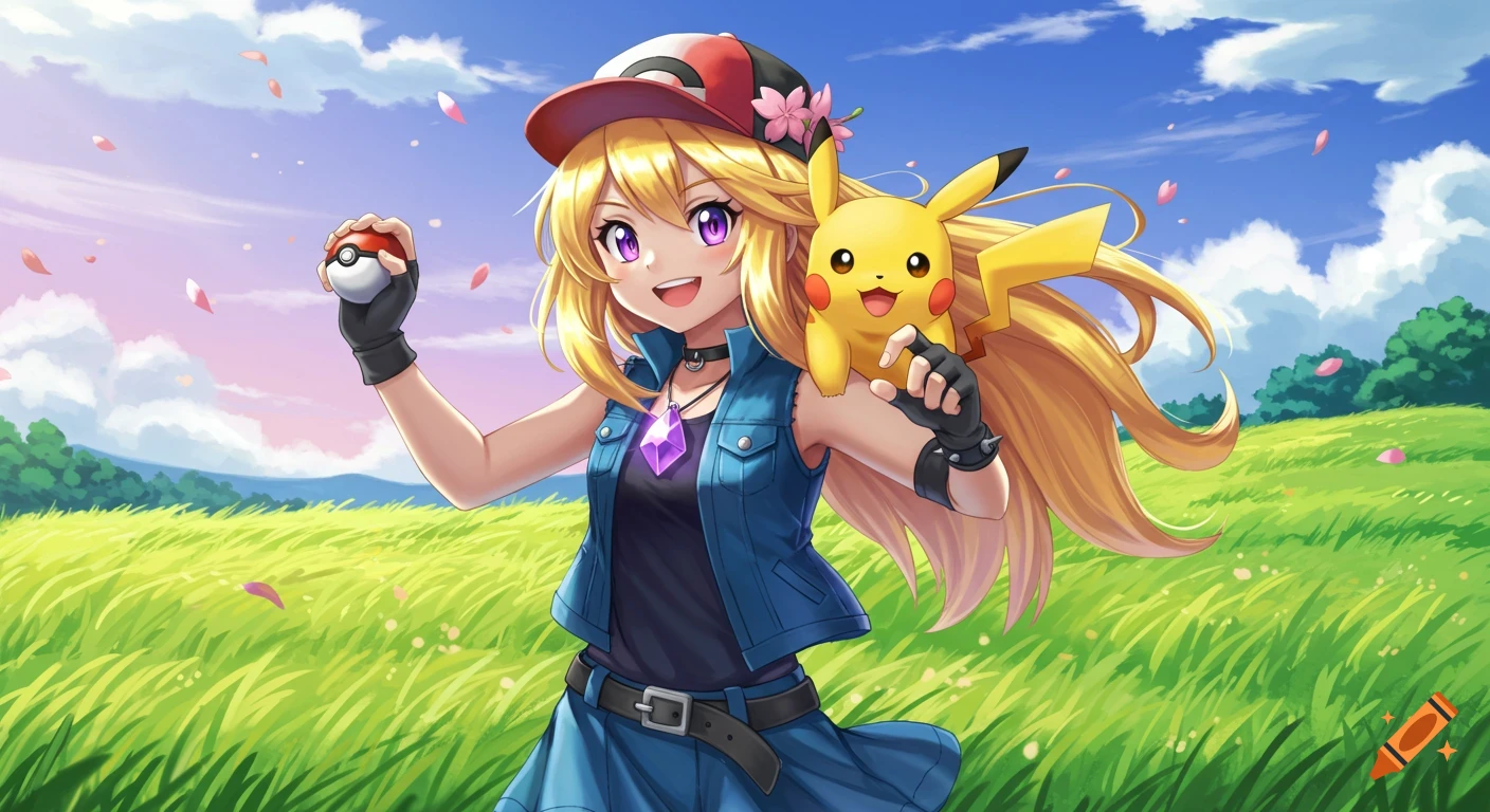 An anime girl with golden-blonde hair and a red cap holds a Pok esphere, with Pikachu on her shoulder, in a sunny meadow.