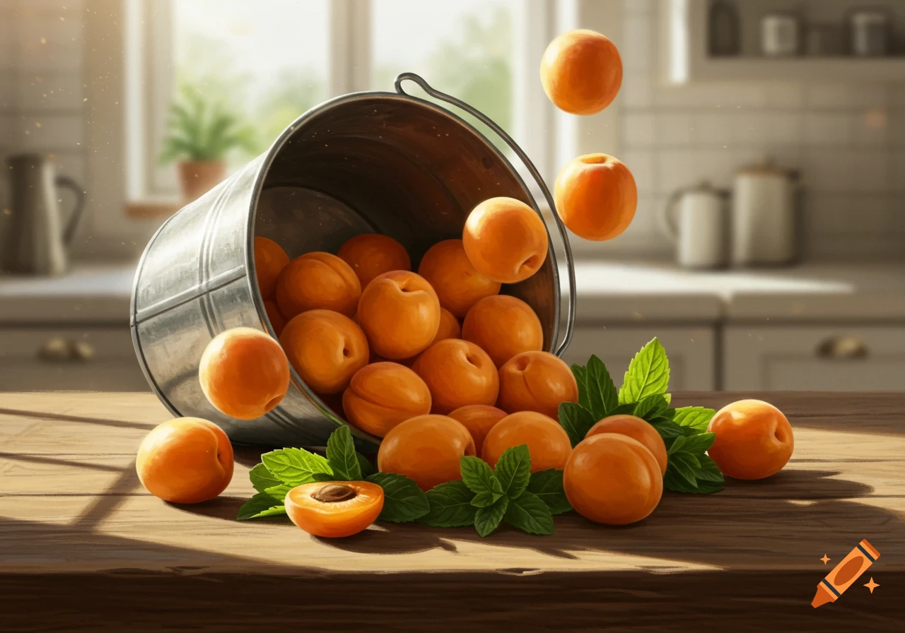 Vintage metal bucket overflowing with ripe apricots and mint leaves spilling onto a wooden table in a rustic kitchen.