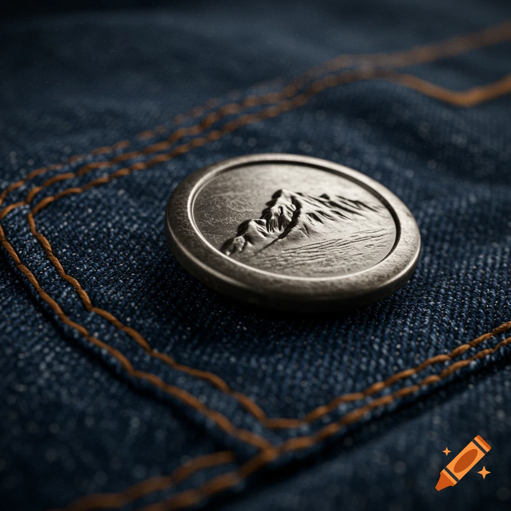 Close-up of a silver denim tack button with a mountain design on dark blue denim fabric with orange stitching.