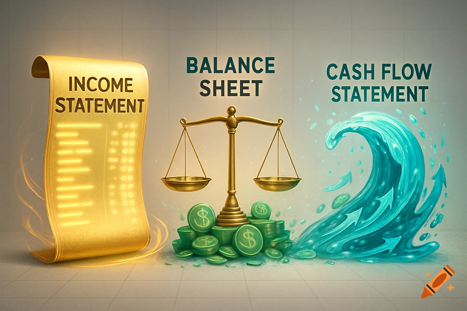 An abstract image illustrating three financial statements: a glowing golden scroll for Income Statement, a scale with money piles for Balance Sheet, and a wave with arrows for Cash Flow Statement.