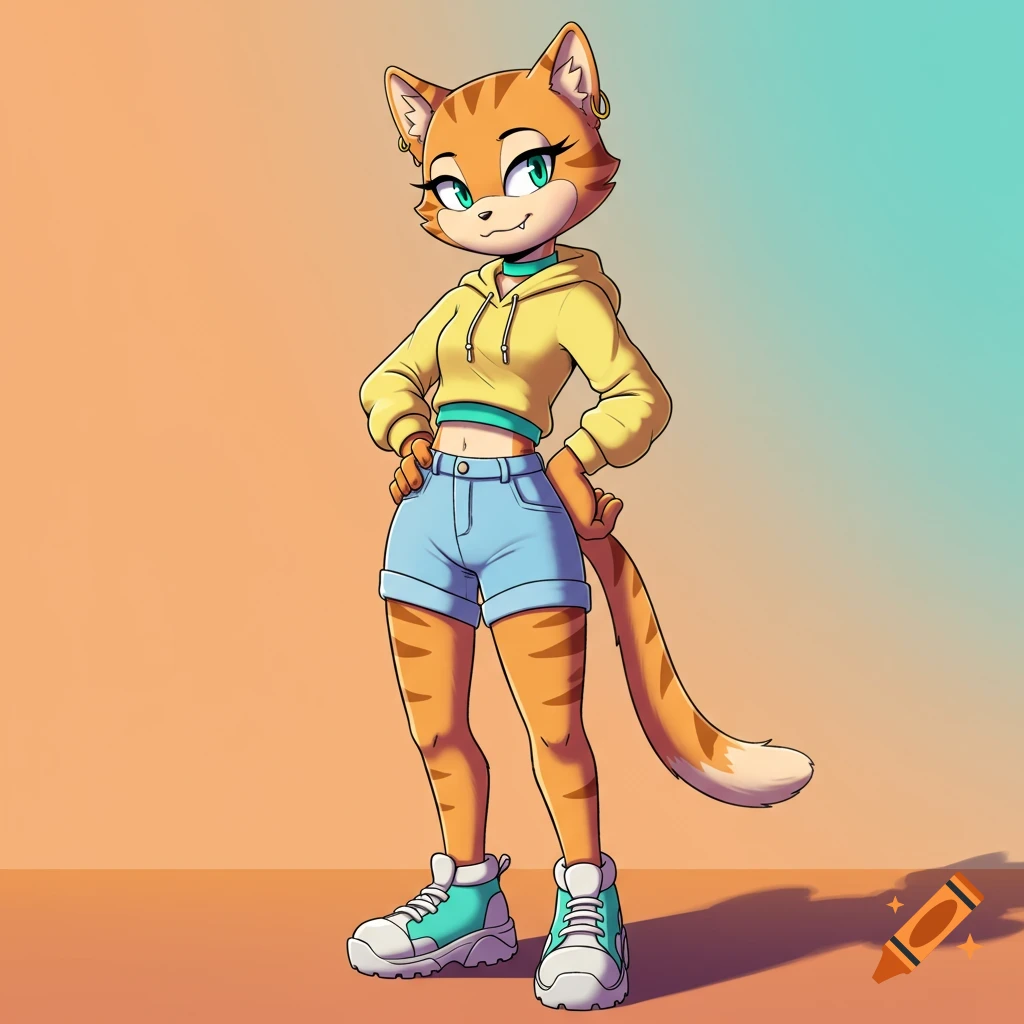 An anthropomorphic orange cat in a yellow cropped hoodie, blue shorts, and teal sneakers stands against a peach and aqua gradient background, smiling confidently.