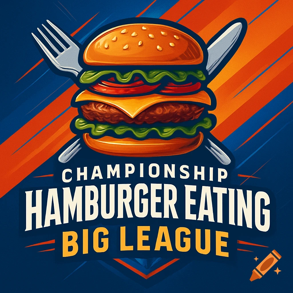 A vibrant logo for a 'Championship Hamburger Eating Big League' featuring a hamburger with a fork and knife on a blue and orange background.