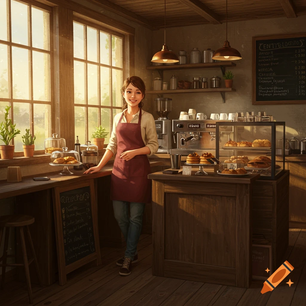 A smiling woman wearing a red apron stands behind a counter in a rustic coffee shop with large windows and baked goods on display.