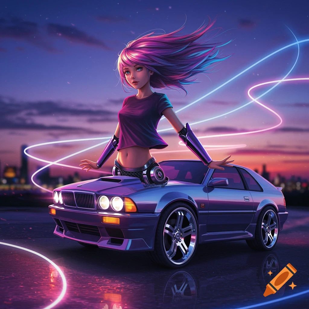 Anime girl with flowing pink hair on a futuristic car, neon lights and city skyline at dusk.