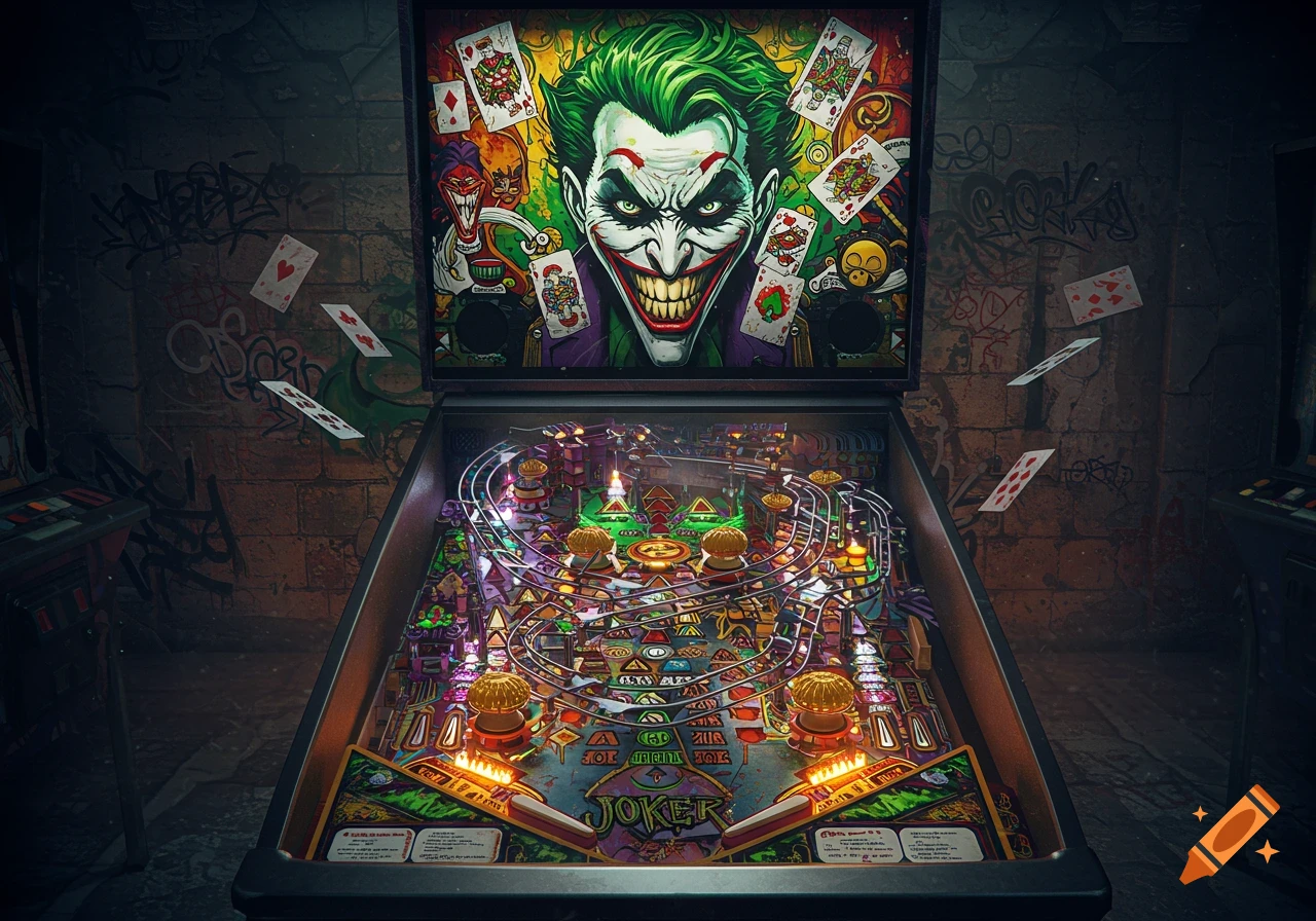 A detailed, brightly lit Joker-themed pinball machine in a dark room with graffiti, featuring the Joker's face and playing cards on the backboard.