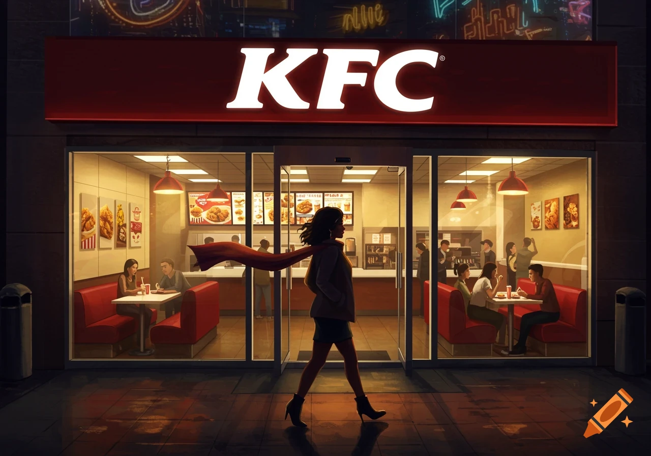 An illustrative scene of a woman walking into a brightly lit KFC restaurant at night, with people dining inside.
