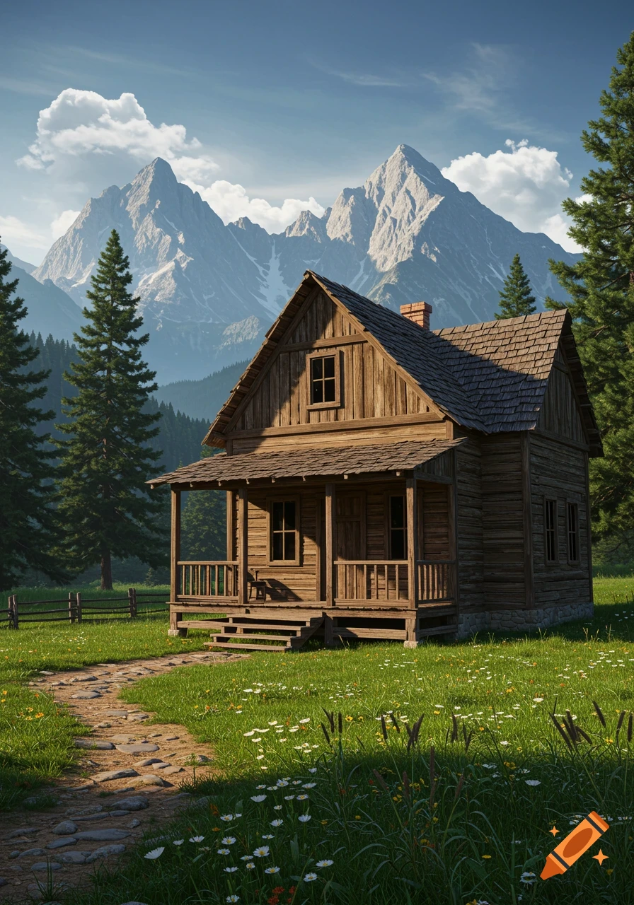A rustic wooden cabin with a porch sits in a green meadow with wildflowers, leading to a path. Snow-capped mountains rise in the background under a blue sky.