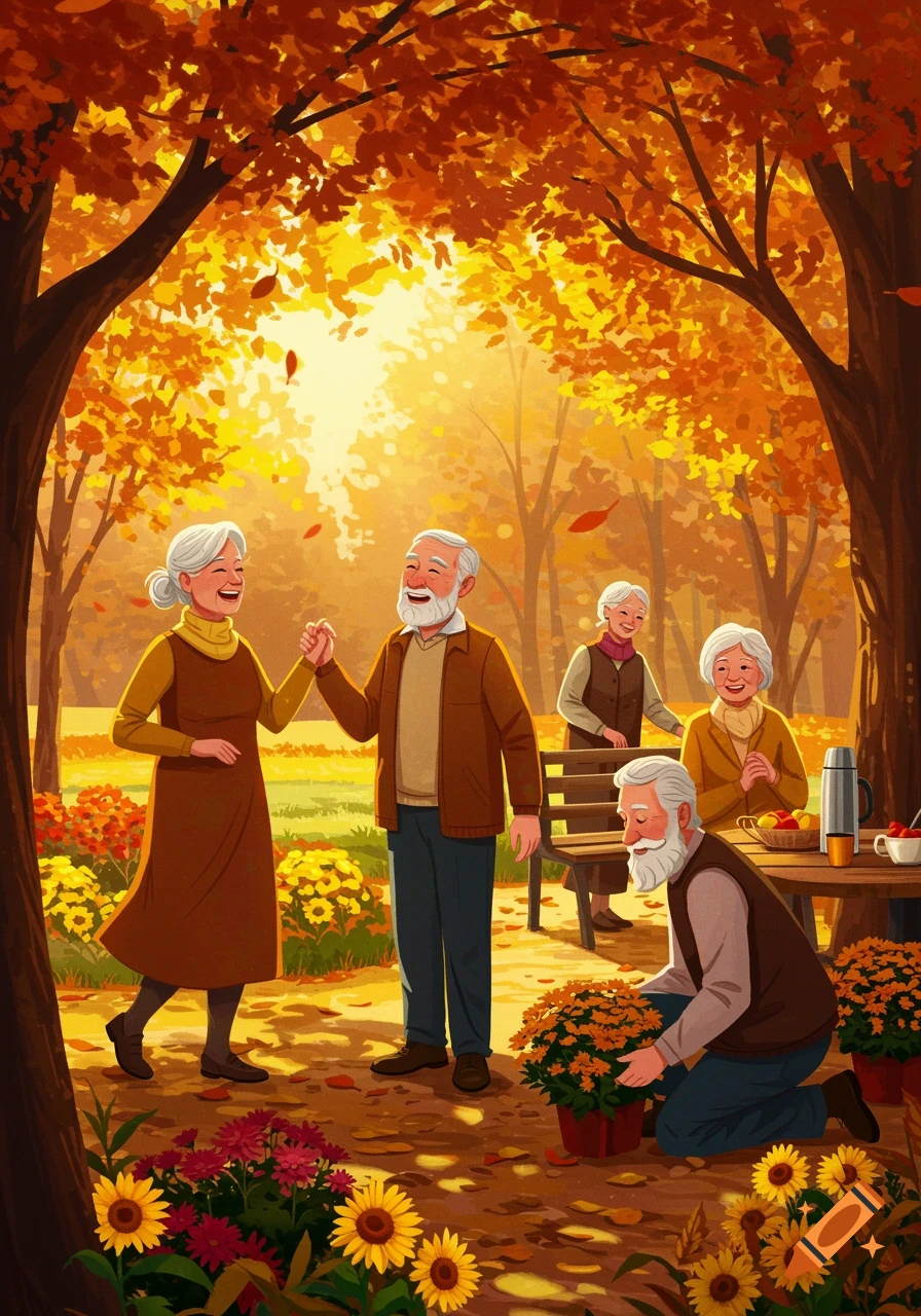 An illustration of cheerful seniors in an autumn park. Two stand holding hands, another plants flowers, and two sit on a bench.